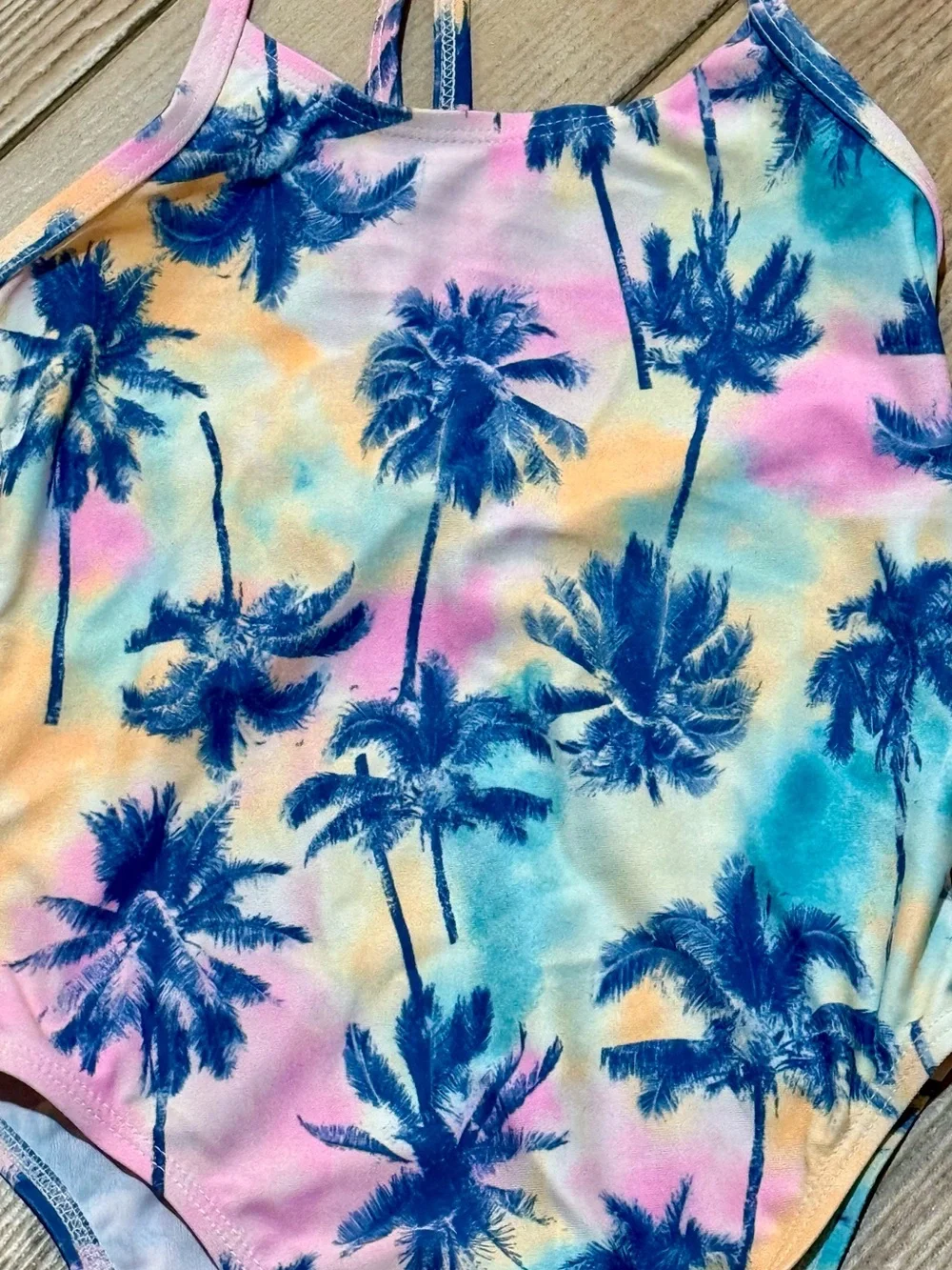 Old Navy Girls One-Piece Swimsuit - Blue Palm Print on Pastel